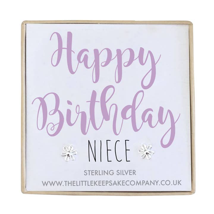 Pendientes de plata de ley con texto en forma de frase, feliz cumpleaños para sobrina para venta al por mayor de The Little Keepsake Company
