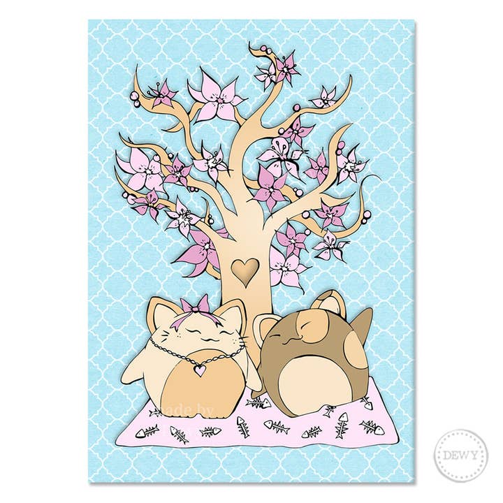 DewyCreations - Wholesale Postcard - A6 postcard - lucky cats on a picknick under a blossom tree1