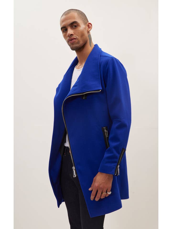 Men's Asymmetrical Zipper Closure Coat - Sax for wholesale on Faire