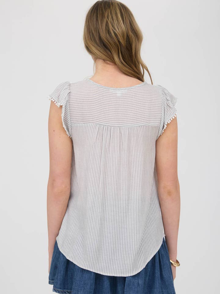 Blu Pepper - Wholesale Blouse - Women's - STRIPE LACE YOKE FRONT TIE SHORT SLEEVE TOP1