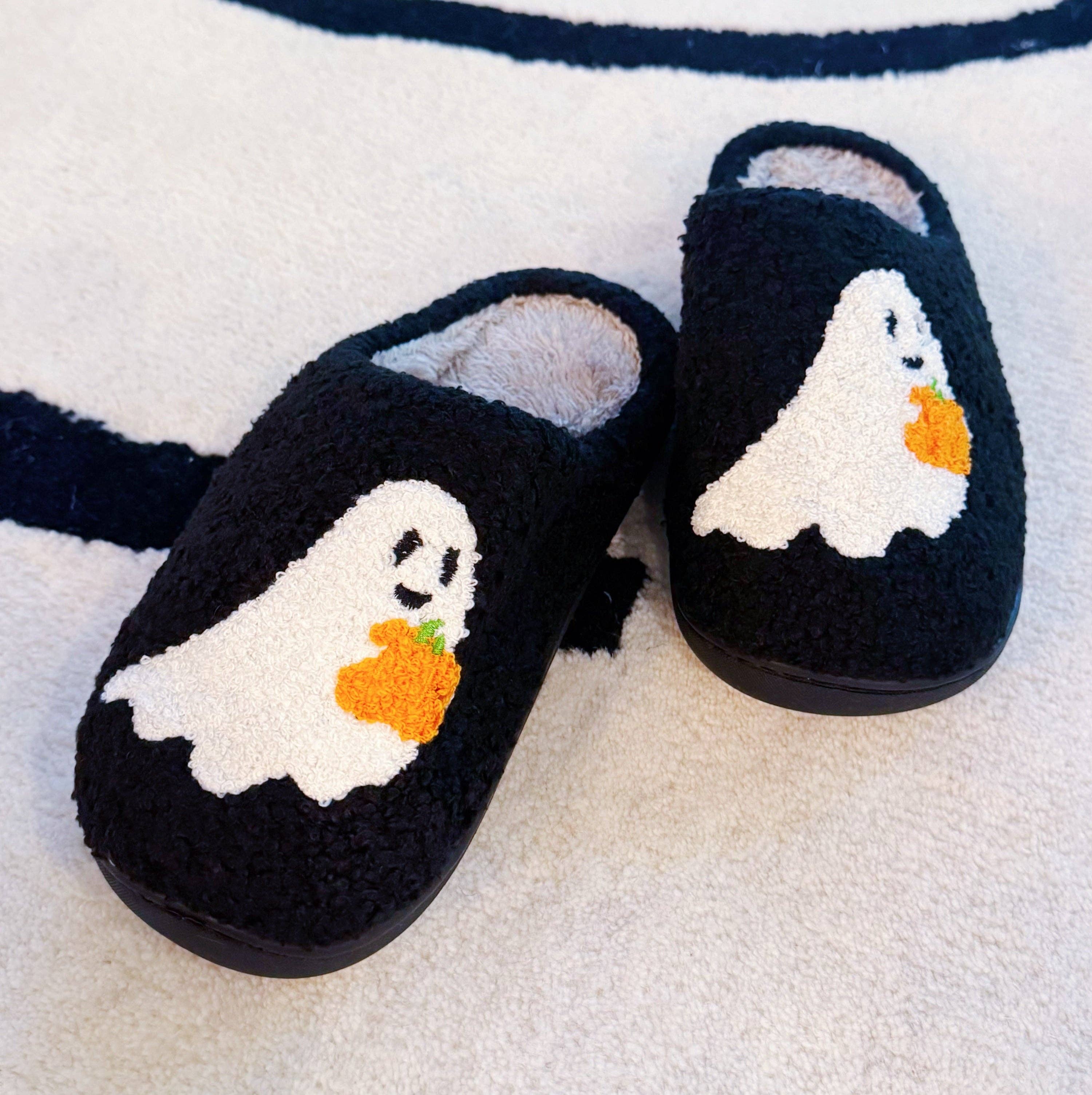 Ellison+Young - Wholesale Slippers - Women's - Spooky Ghost Cozy Slippers – Soft Black Slippers with Cute Ghost and Pumpkin Embroidery2