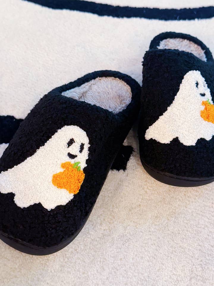 Ellison+Young - Wholesale Slippers - Women's - Spooky Ghost Cozy Slippers – Soft Black Slippers with Cute Ghost and Pumpkin Embroidery2