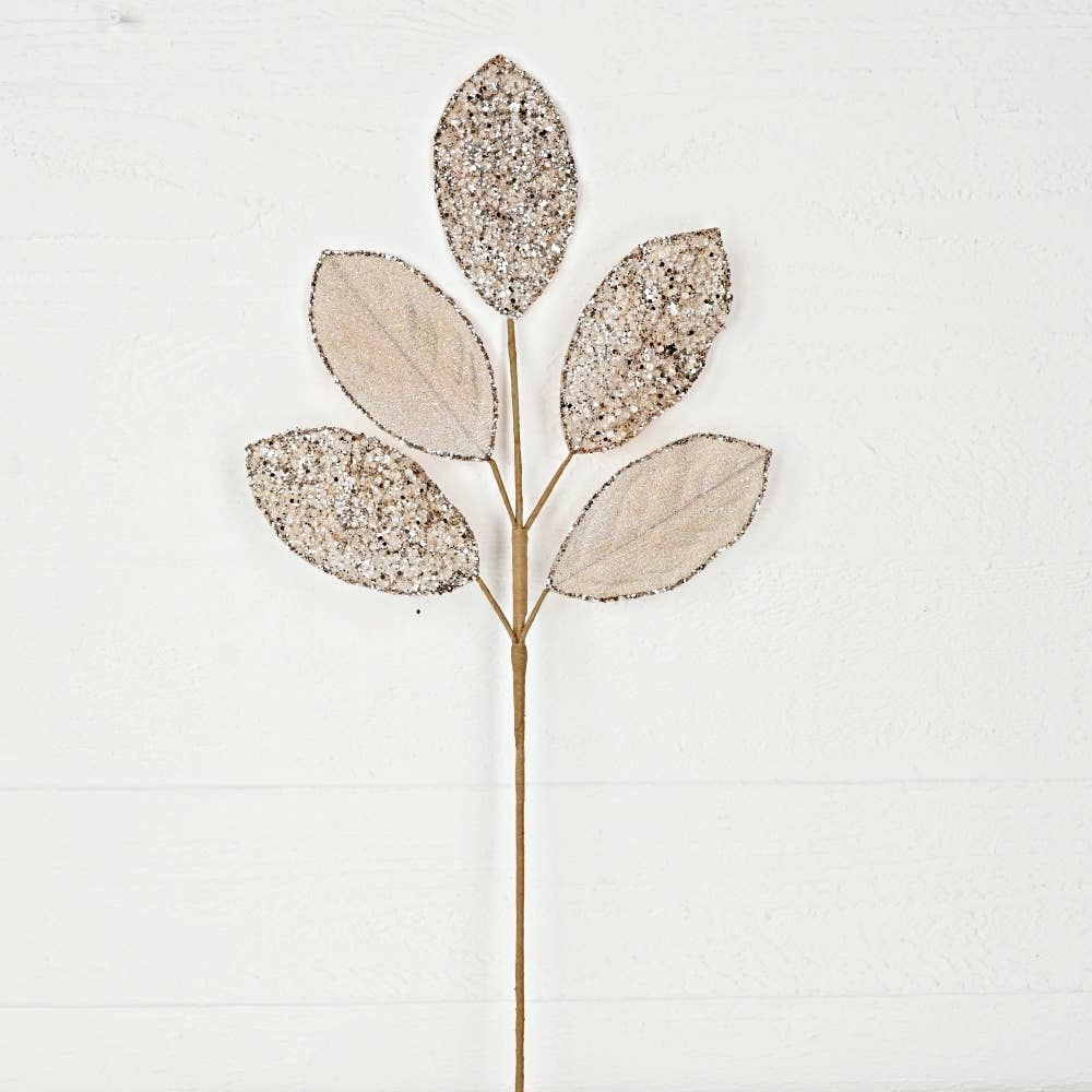 Holiday Depot Inc. - Wholesale Christmas Decoration - 32250-25in Spray-Beaded Metallic Magnolia Leaves x5-Champagn0