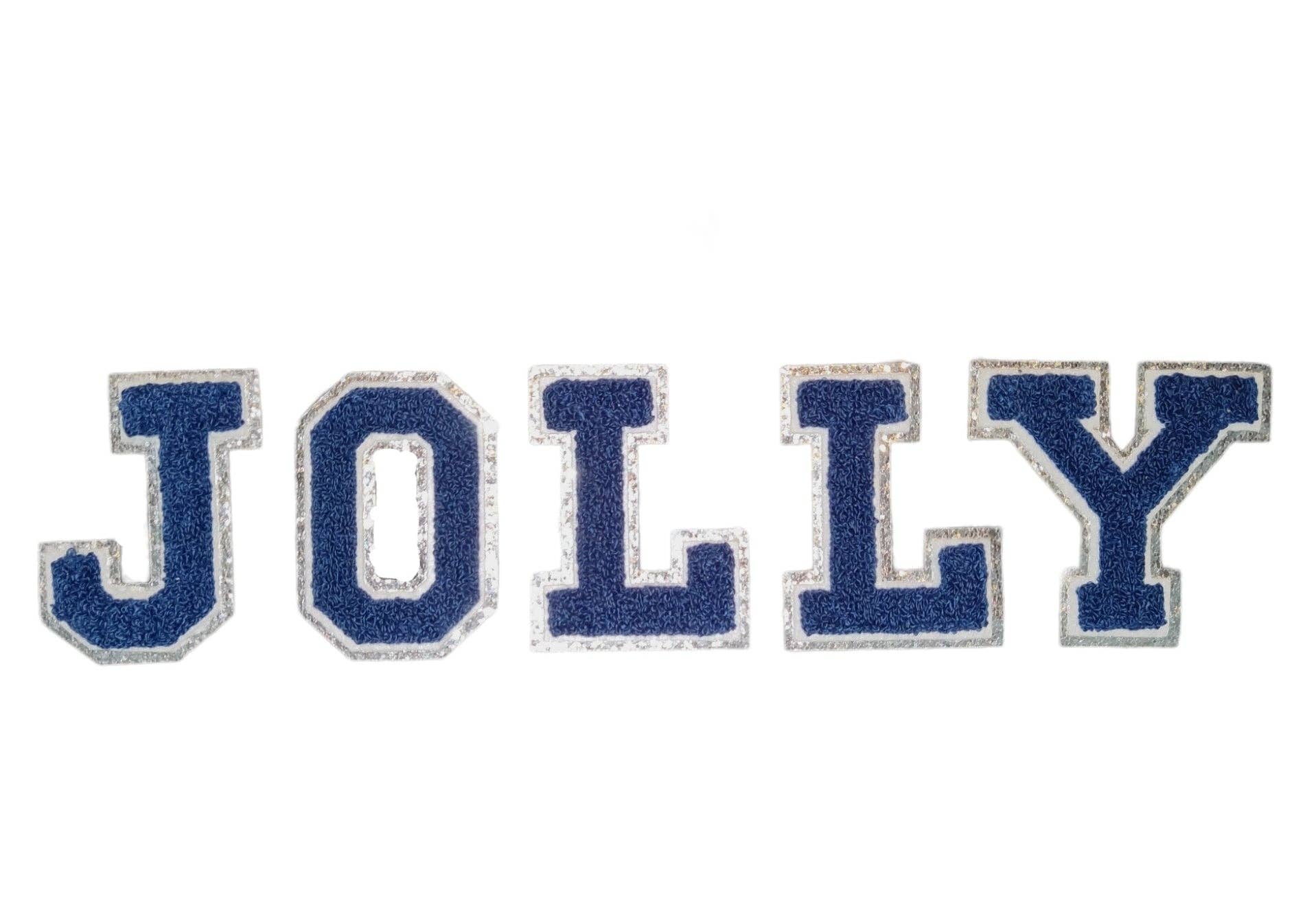 Navy Blue Chenille Iron On SILVER Glitter Letter Patches for wholesale on Faire1
