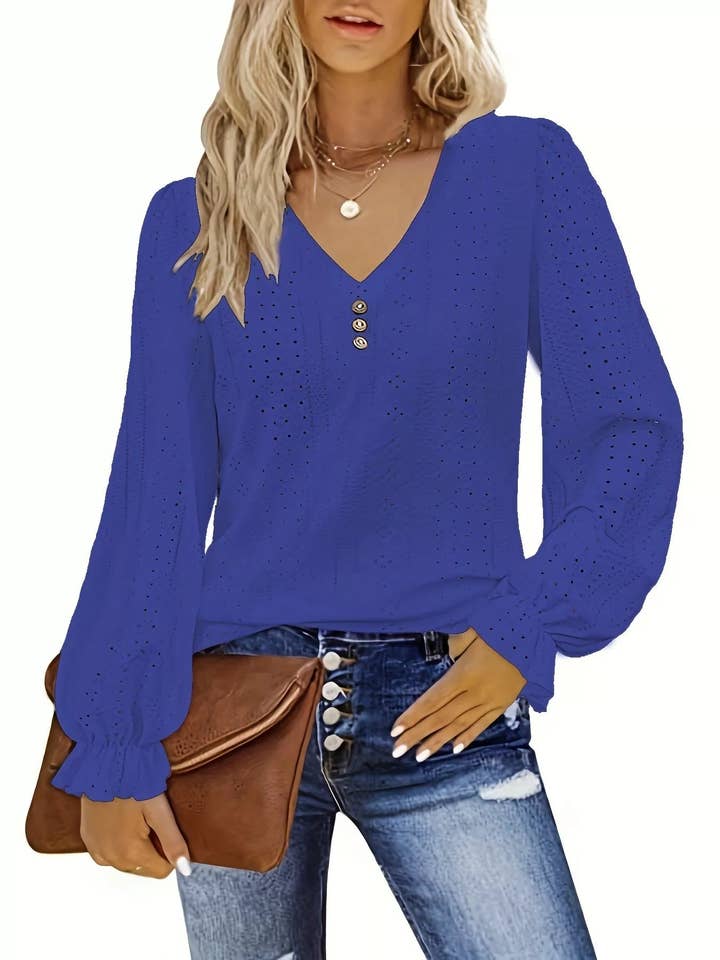 Plus Size Eyelet V-Neck Flounce Sleeve Blouse for wholesale by Beyond Apparel