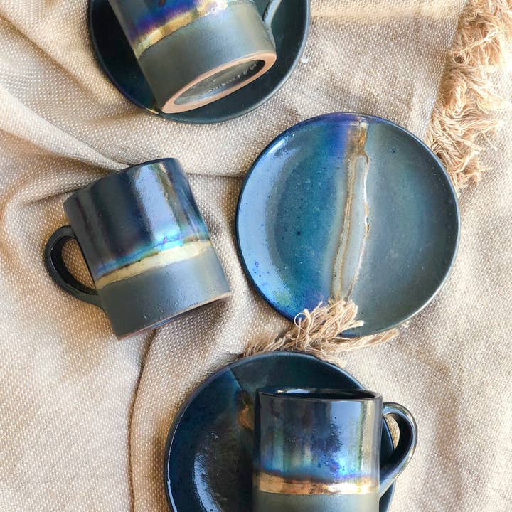 Los Artisans – wholesale Kaffekoppar – Svart Kaffe/Espressokopp med Guldrand & Blå nyanser