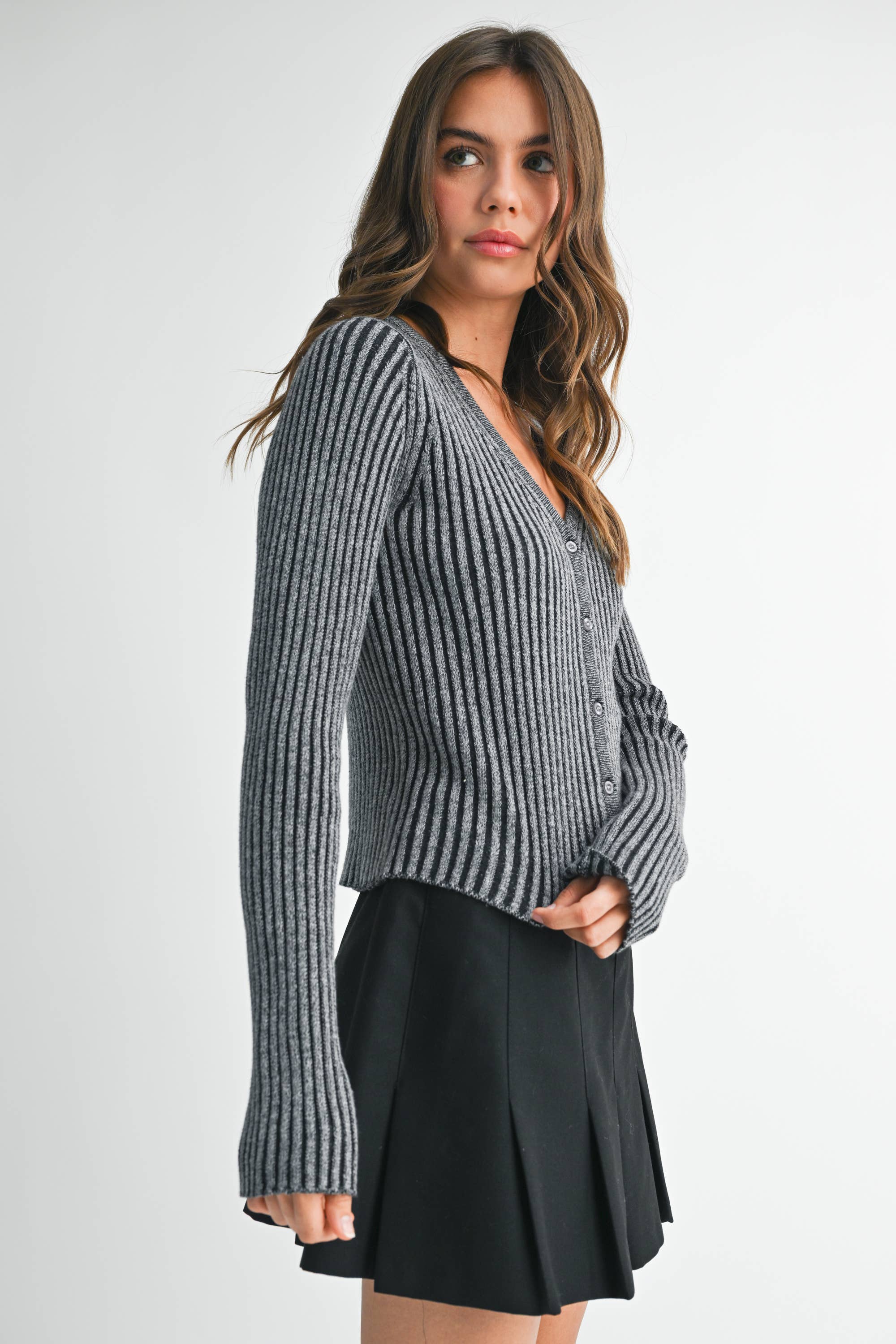 AEMI + CO - Wholesale Cardigan - Women's - 3391GK Ribbed Button-Up Cardigan5