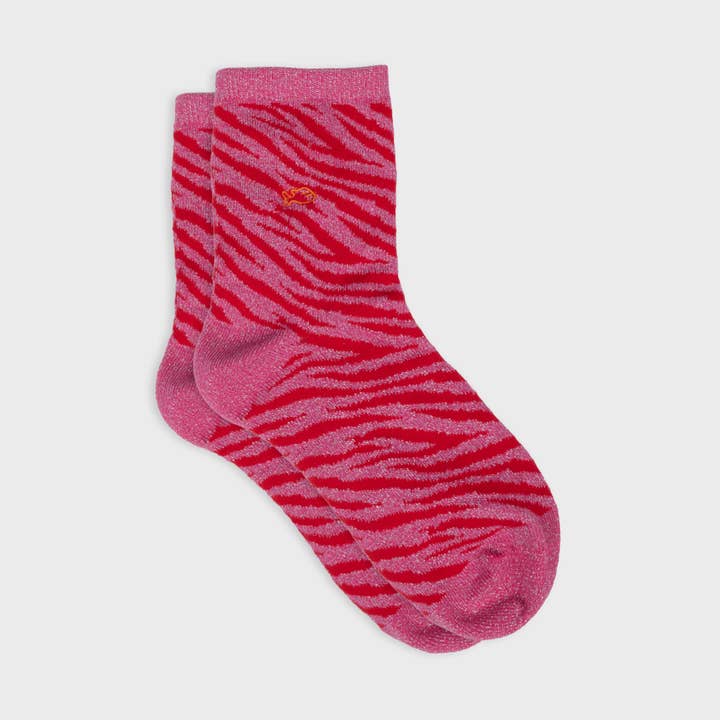 Glitter sokken van gekamd katoen met zebraprint - Roze en rood voor wholesale door BILLYBELT
