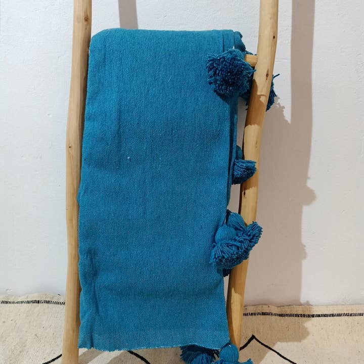 HandmadeBestSeller - Wholesale Throw Blanket - Handwoven Teal Moroccan Cotton Blanket with Pom Poms