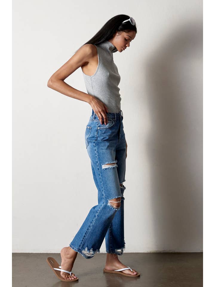 AGED DARK High Rise Destructed Straight Jeans for wholesale on Faire1