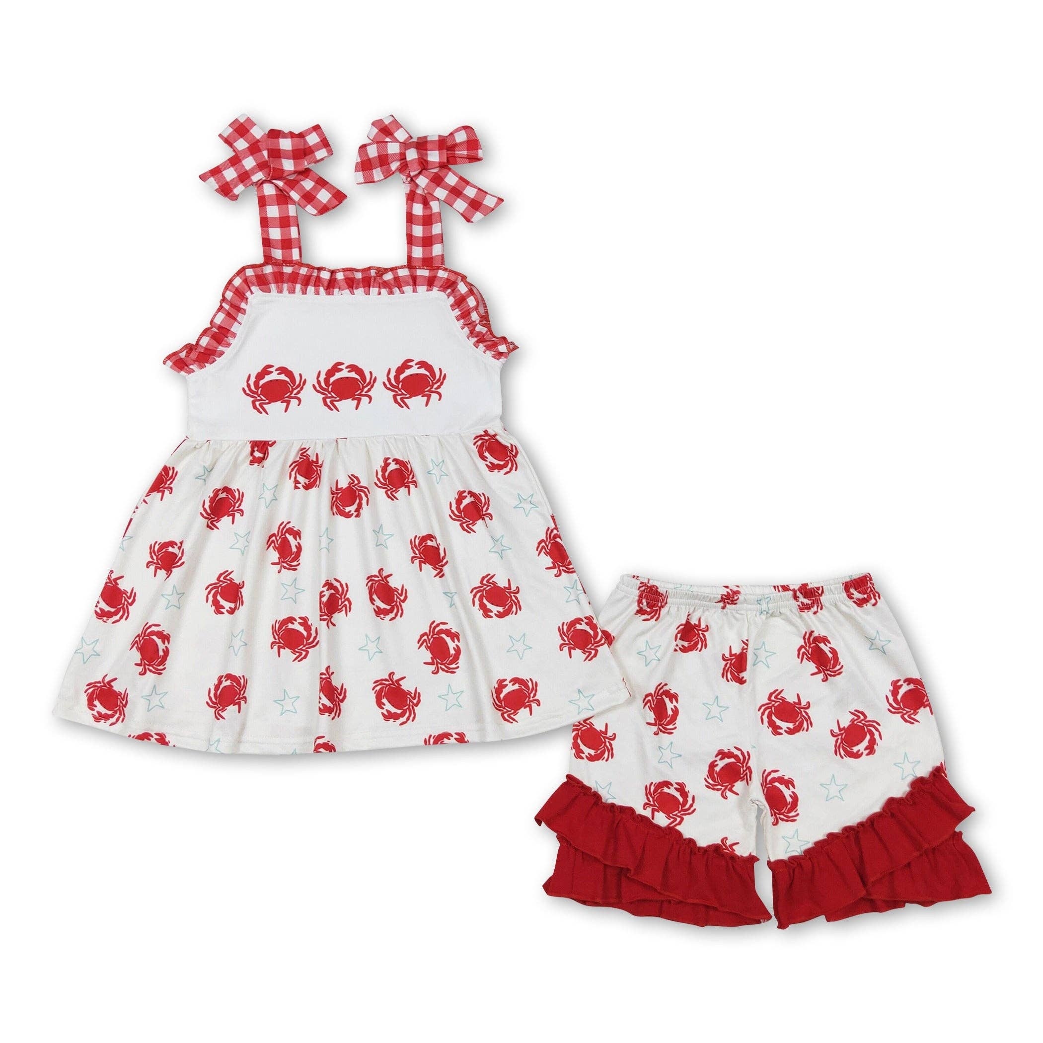 Yawoo Garments - Wholesale Top & Short Set - Kids - Red straps crab tunic shorts baby girls summer clothes0