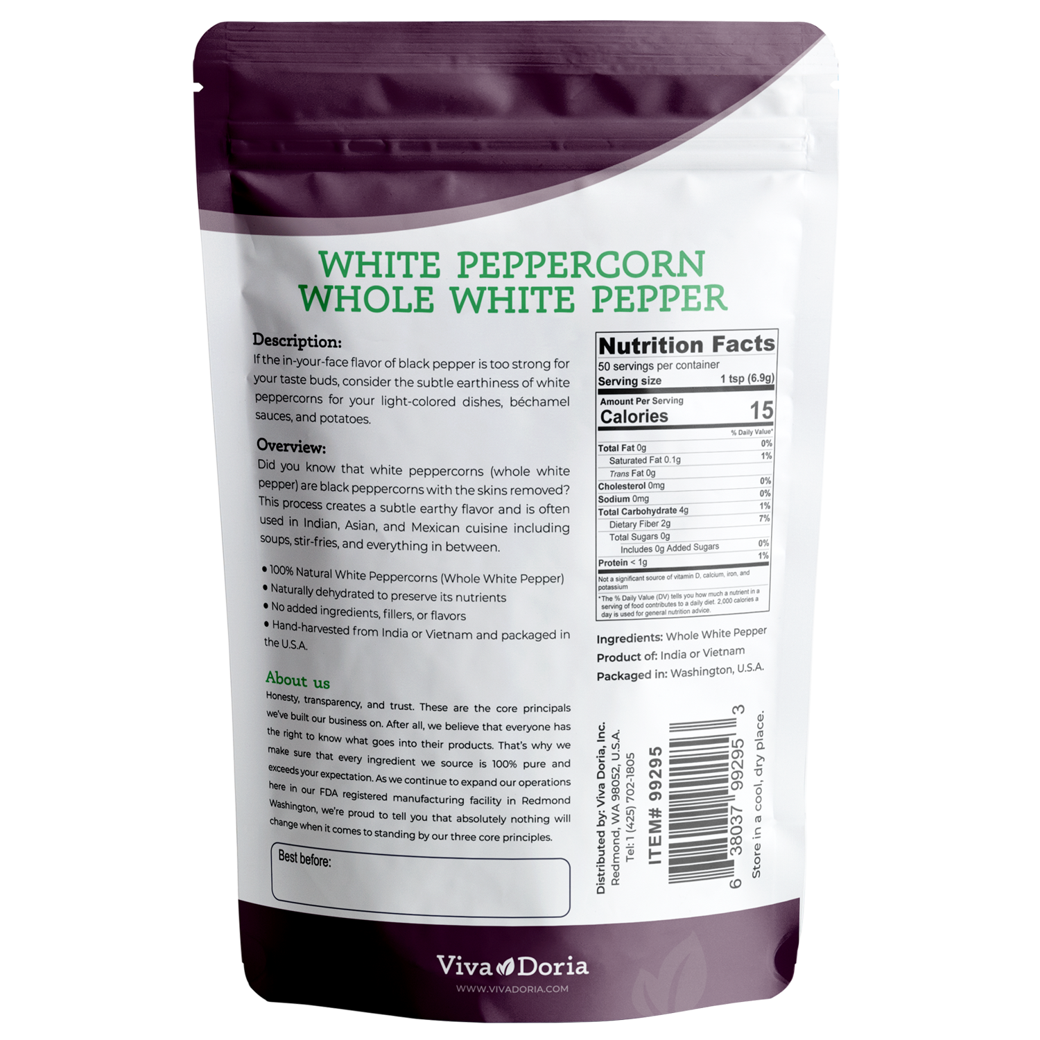 VIVA DORIA INC. - Venta al por mayor Pimienta molida/en grano - Pimienta blanca entera 12 oz (340 g)1