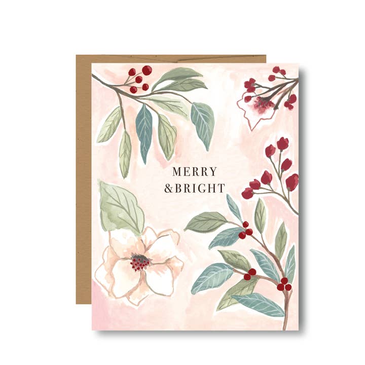 Merry and Bright Holiday Floral greeting card for wholesale by Jessica Frasz Studio