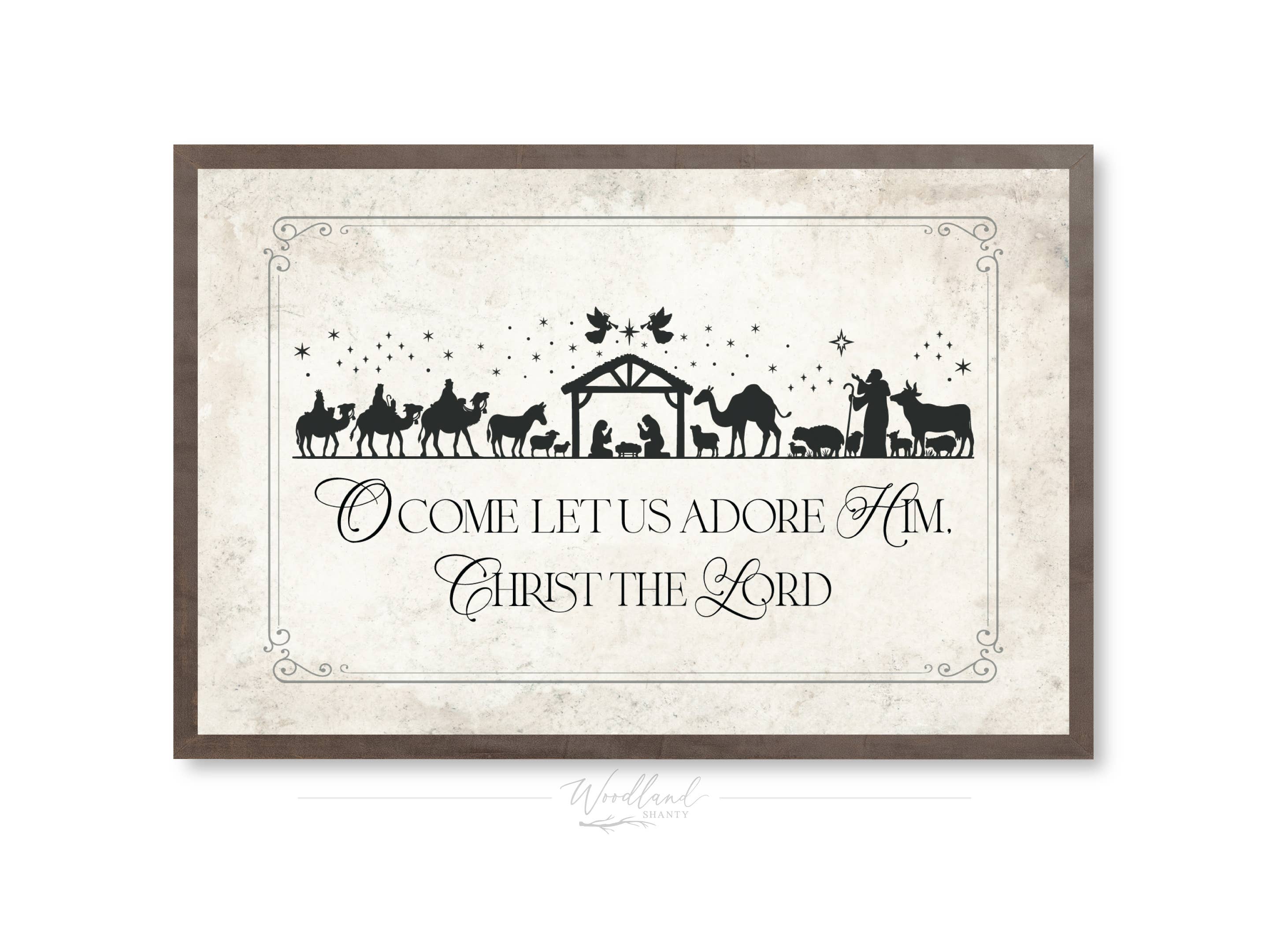 Woodland Shanty - Vente Art mural pour les fêtes - Panneau de Noël encadré O Come Let Us Adore Him0