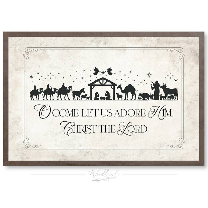 Woodland Shanty - Vente Art mural pour les fêtes - Panneau de Noël encadré O Come Let Us Adore Him0