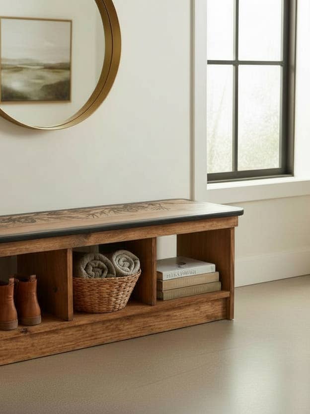 Rustic Pinecone Console Bench with Storage for wholesale by Coast Lamp Mfg