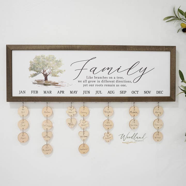 Framed Family Tree Perpetual Birthday Calendar Decor Gift for wholesale by Woodland Shanty