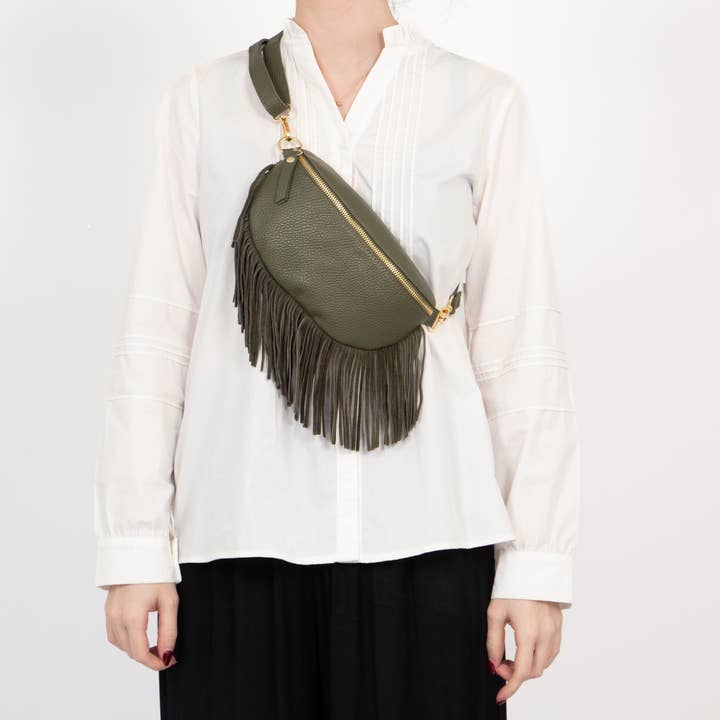 Diana - Italian Leather Half Moon Crossbody Bag - Khaki, Pebbled for wholesale by Sarta