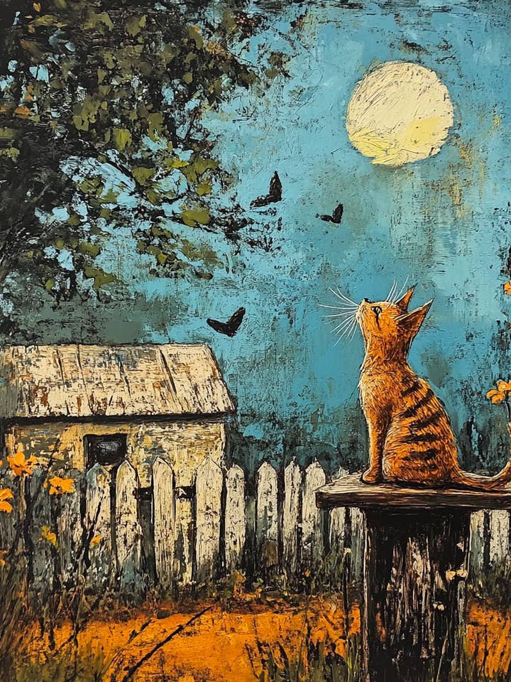 Volkskunstwerk Tabby Cat at Night — Rustikales Bauernhausdekor, 20,3 x 25,4 cm, für Rahmen 30,5 x 35,6 cm für den Großhandel von Mowbi