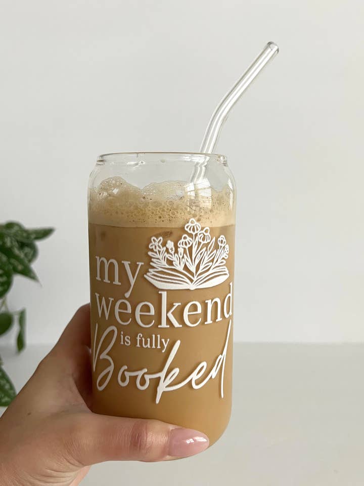 Book Lover Iced Coffee Glass,Weekend Fully Booked Glass for wholesale by Birdie & Co.