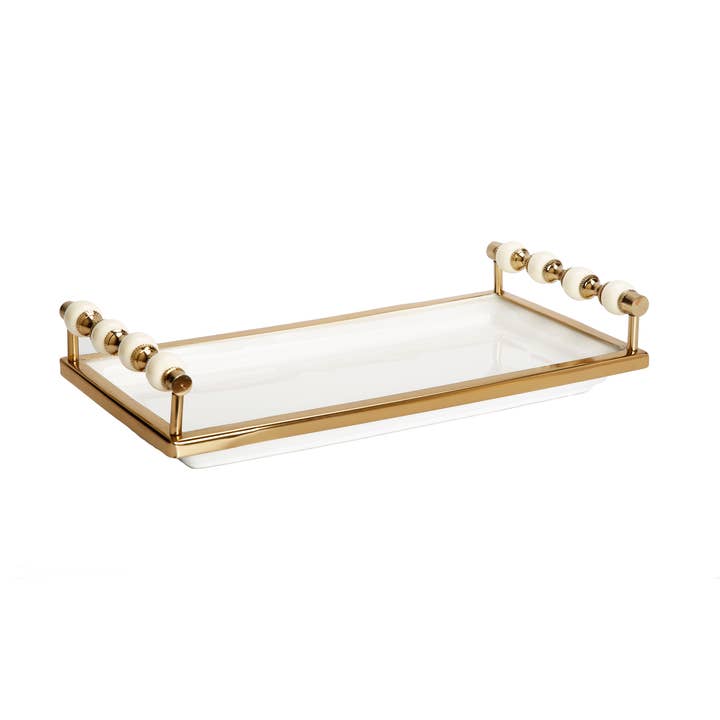 White Rectangular Tray with White and Gold beaded Handles for wholesale by CLASSIC TOUCH DECOR INC.