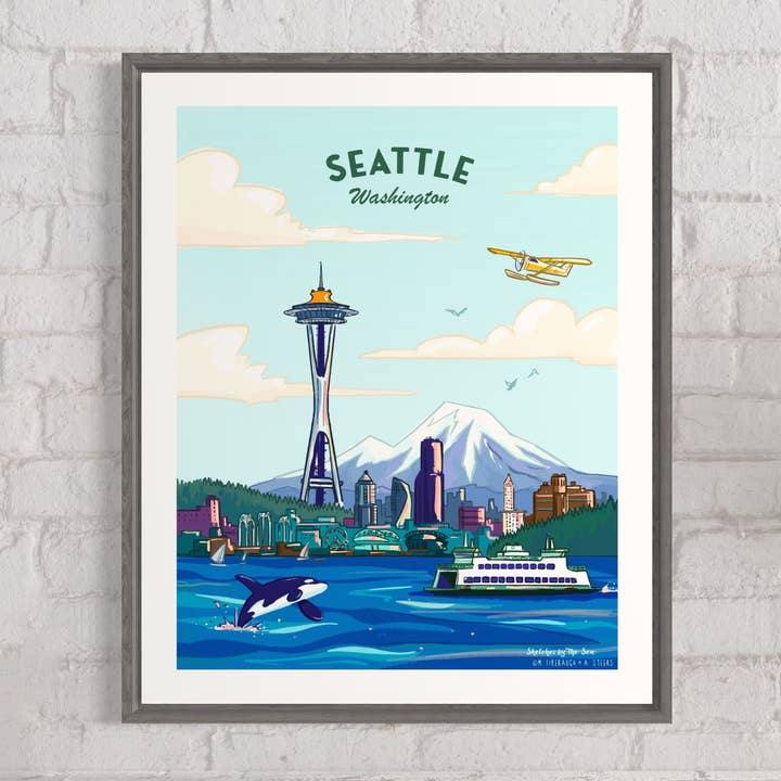 Seattle Travel Poster Retro Inspired for wholesale by Sketches By The Sea