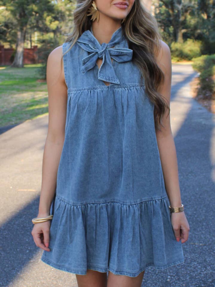 Blue Sleeveless Lace-Up Bow Loose Denim Dress for wholesale on Faire