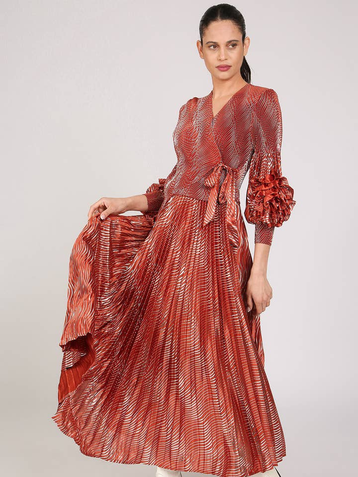 Ruffled Detail Metallic V-Neck Wrap Tie Maxi Dress QM3021 for wholesale by Beulah Style