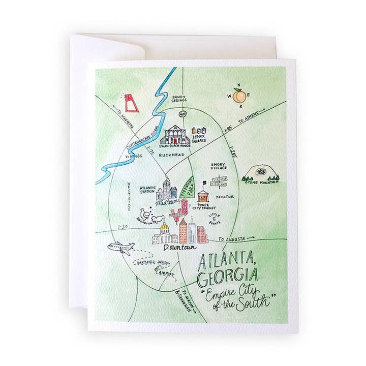 Set di biglietti di auguri o bigliettini per appunti con mappa di Atlanta, Georgia per la vendita all'ingrosso da parte di Natty Michelle Paperie