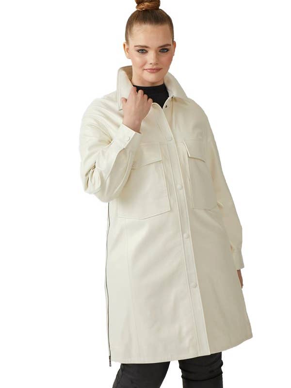 White Dixie Women's Shirt Collar Genuine Leather Coat With for wholesale by Deriderim
