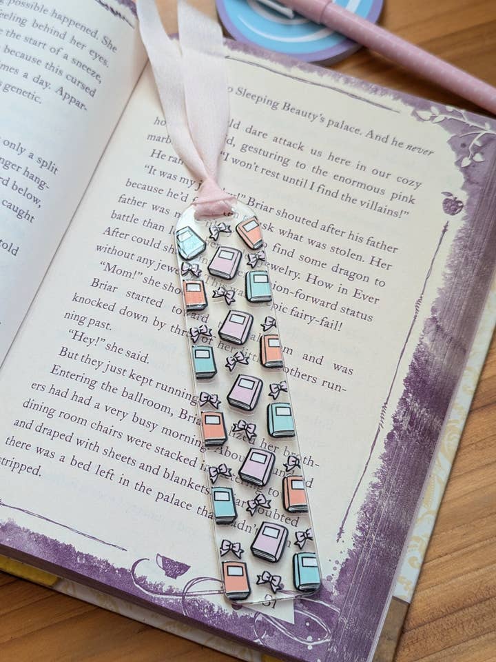 Books and Bows Cute Pink and Blue Bookmark for Book Lovers for wholesale by Elegance Create