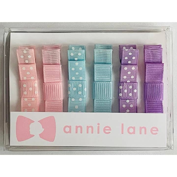 Scatola di 6 fiocchi per capelli - rosa, blu, lavanda a pois per la vendita all'ingrosso da parte di Annie Lane