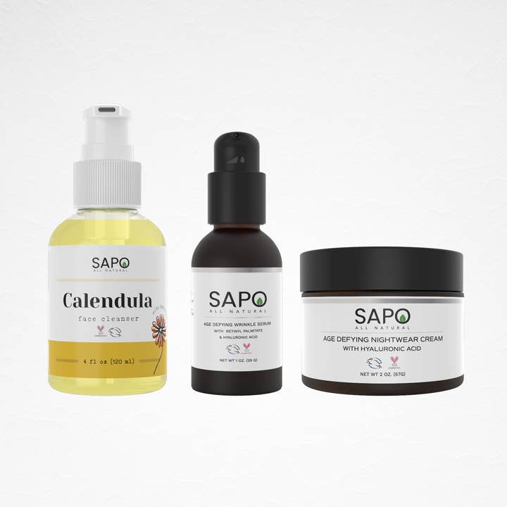 Sapo All-Natural Smooth Skin Combo - Calendula Cleanser, Wrinkle Serum & Hyaluronic Acid Night Cream for wholesale by Sapo All Natural
