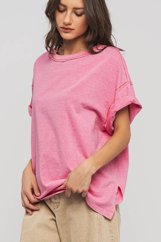 Urban Daizy - Wholesale T-Shirt - Women's - Contrast Stitch Mineral Wash Spring Oversized Tee19