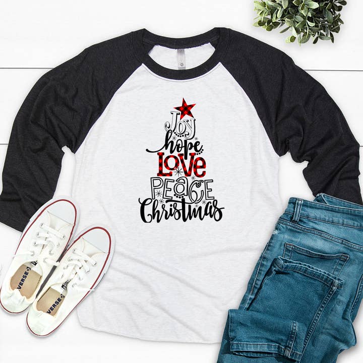 Joy Hope Love Peace Christmas - Women's Christmas Raglan for wholesale by Maley Designs LLC