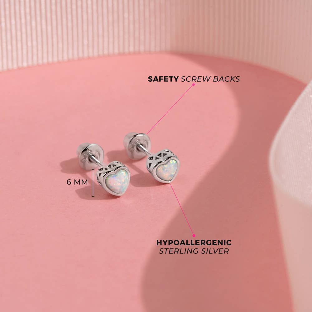 In Season Jewelry - Wholesale Earrings - Kids - Opal Birthstone Heart Screw Back Earrings - Sterling Silver3