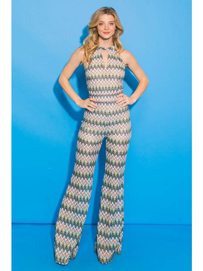 BLÅGRÖN ELFENBEN En tryckt stickad jumpsuit - AP1942-KN för wholesale på Faire