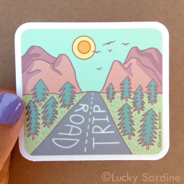 Road Trip, Mountains & Sunshine, Adventure Vinyl Sticker for wholesale by Lucky Sardine