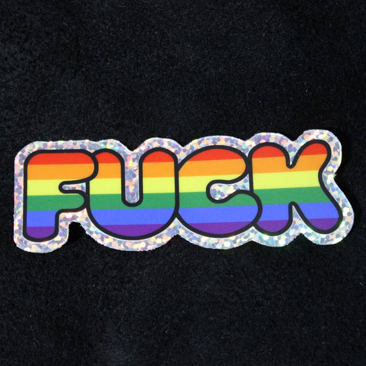 Sticker: Rainbow Fuck, 3" gloss glitter vinyl for wholesale by Rude Clam