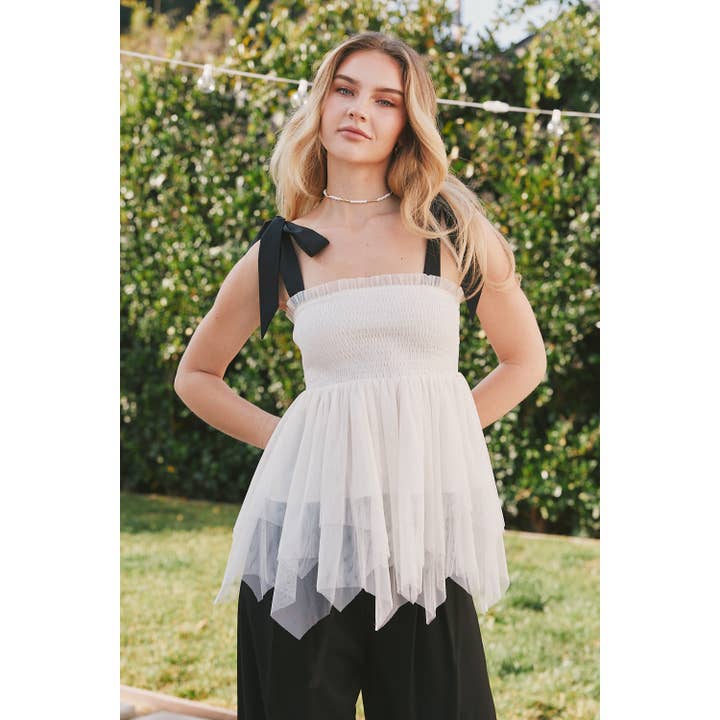 CONTRAST BOW TIE SHEER TULLE BABYDOLL TOP for wholesale by idem ditto