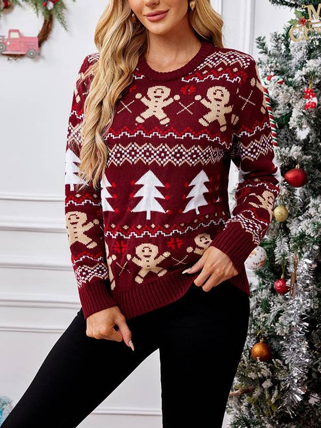 Christmas Gingerbread Tree Pattern Knit Pullover Sweater for wholesale by Anna Kaci Wholesale