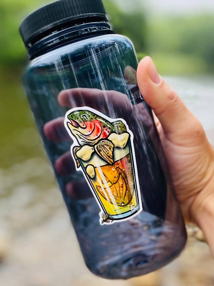Rainbow Trout Fish In Beer Sticker! for wholesale by Guerdrum Art