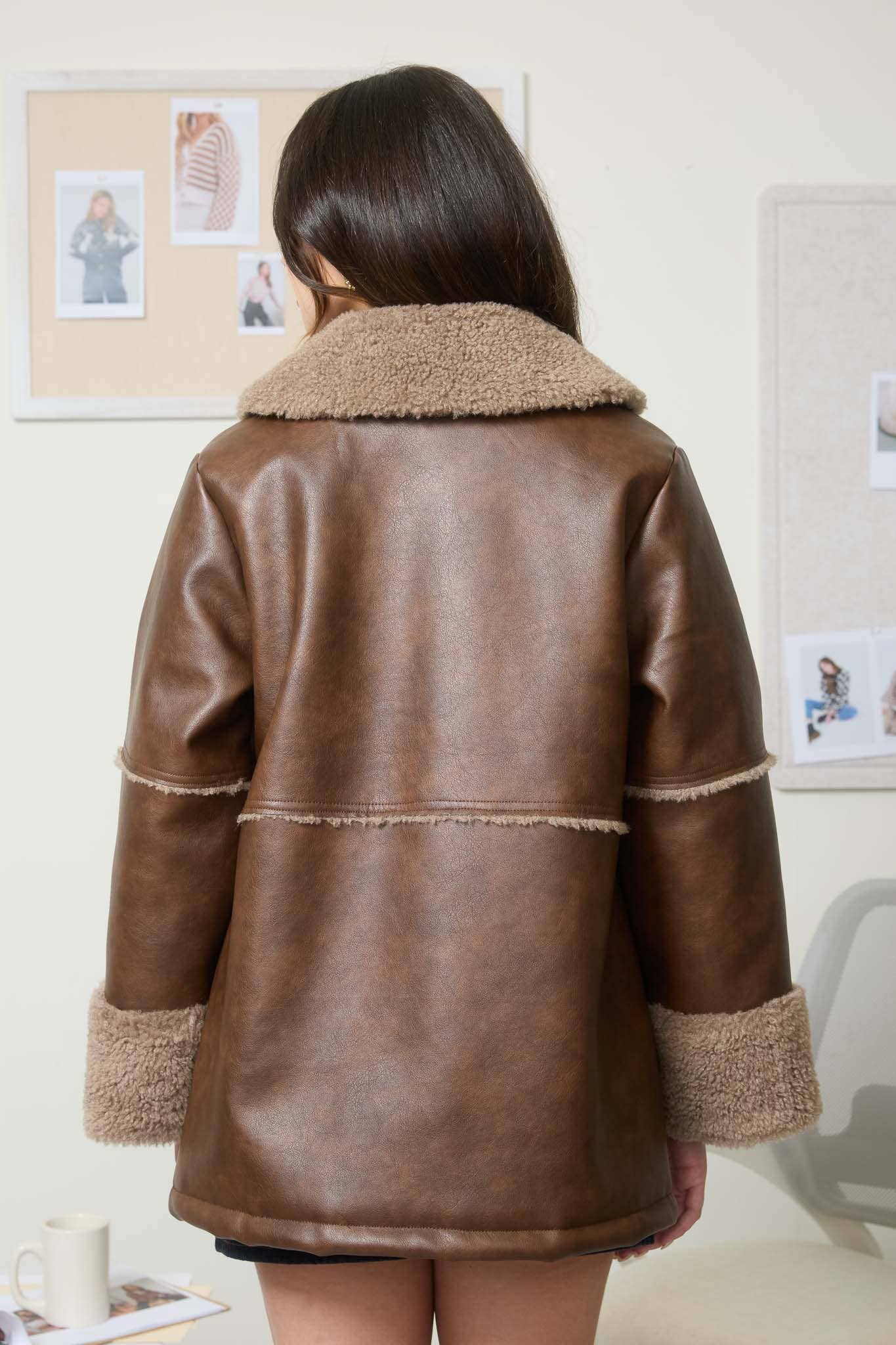 BROWN FAUX LEATHER SHEARLING BUTTON DOWN JACKET  for wholesale on Faire1