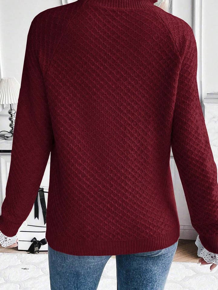 Burgundy Contrast Lace Frilled Trim Raglan Sleeve Sweater for wholesale on Faire1