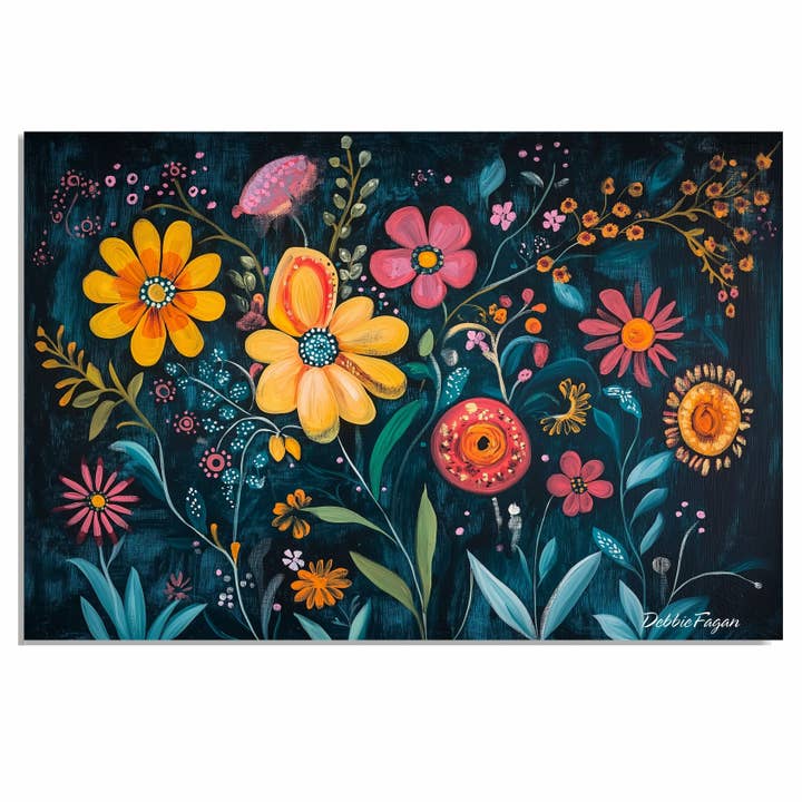 Fiori di Arte Popolare Stravagante su Tela con Sfondo Teal per la vendita all'ingrosso da parte di Art Paradise Studios