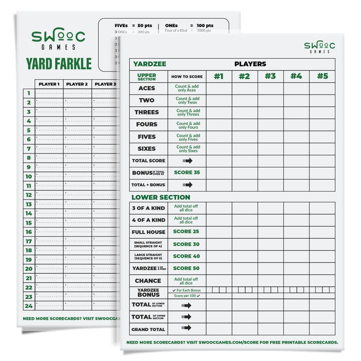 Lot de 5 cartes de score Premium Yardzee & Farkle pour la vente par Swooc Games