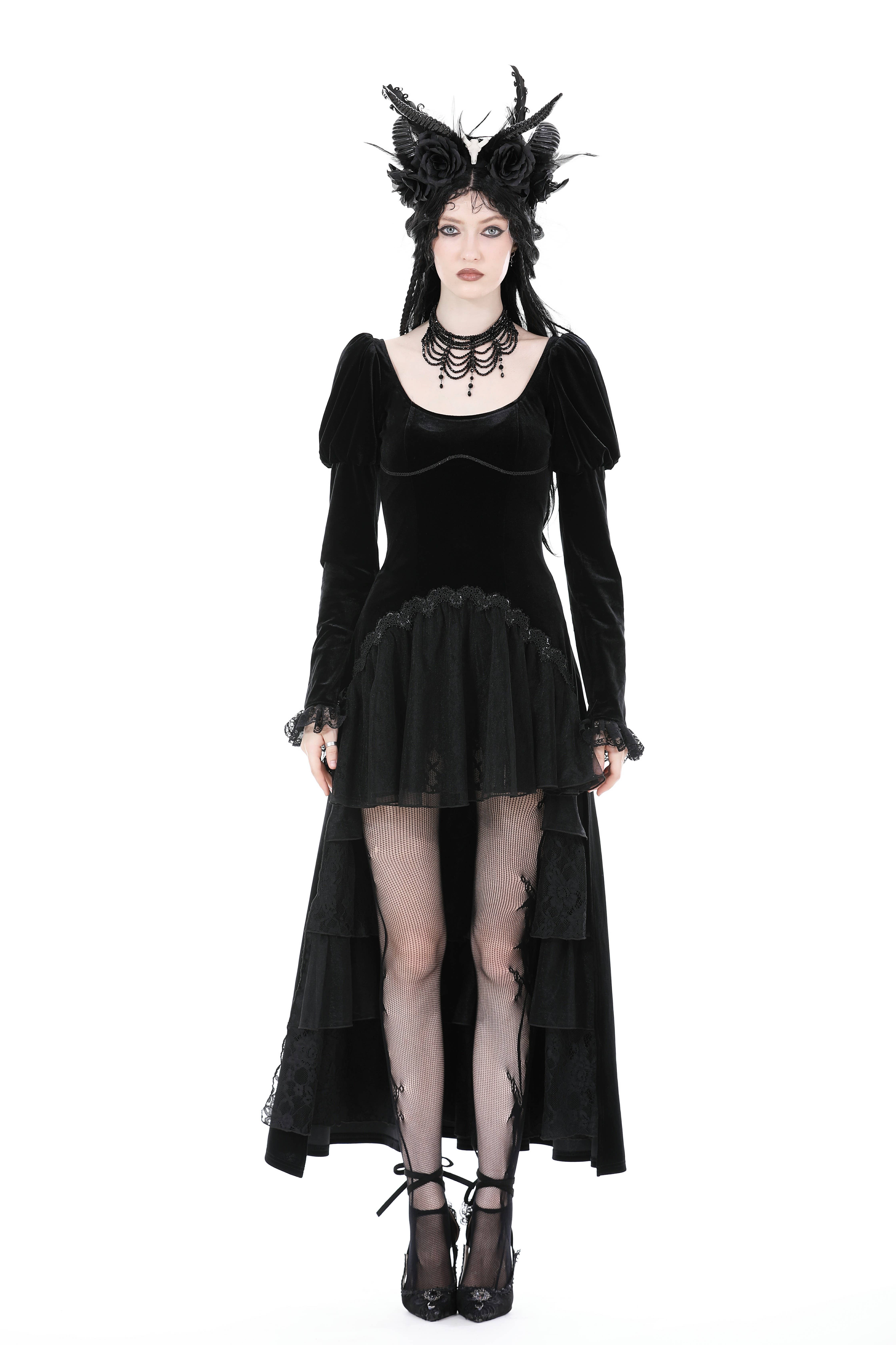 Western Fashion - Wholesale Dress - Women's - GOTHIC VELVET PUFF SLEEVE HIGH LOW DRESS7