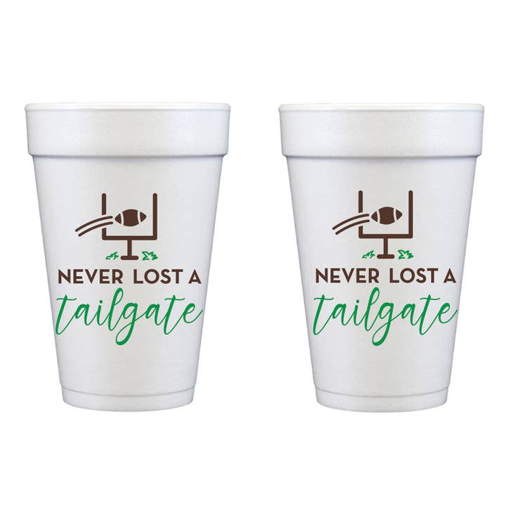 Football Tailgate Foam Cup 10 Pack {Never Lost a Tailgate} for wholesale by Two Funny Girls