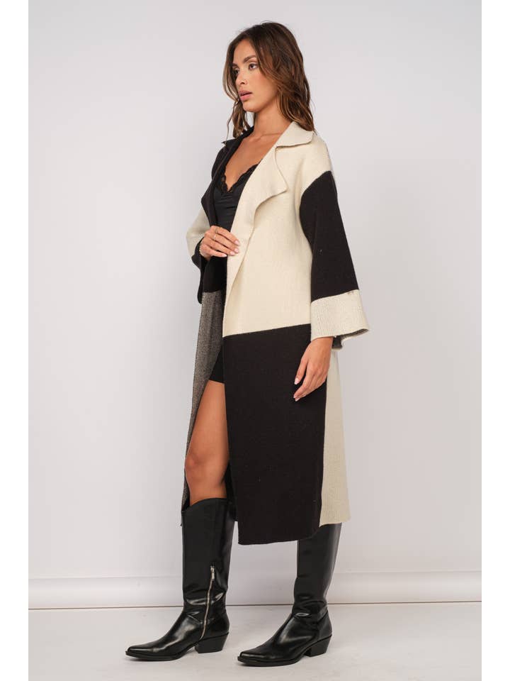 Black Block BLACK-IVORY PATCH PRINT LONG CARDIGAN SWEATER for wholesale on Faire