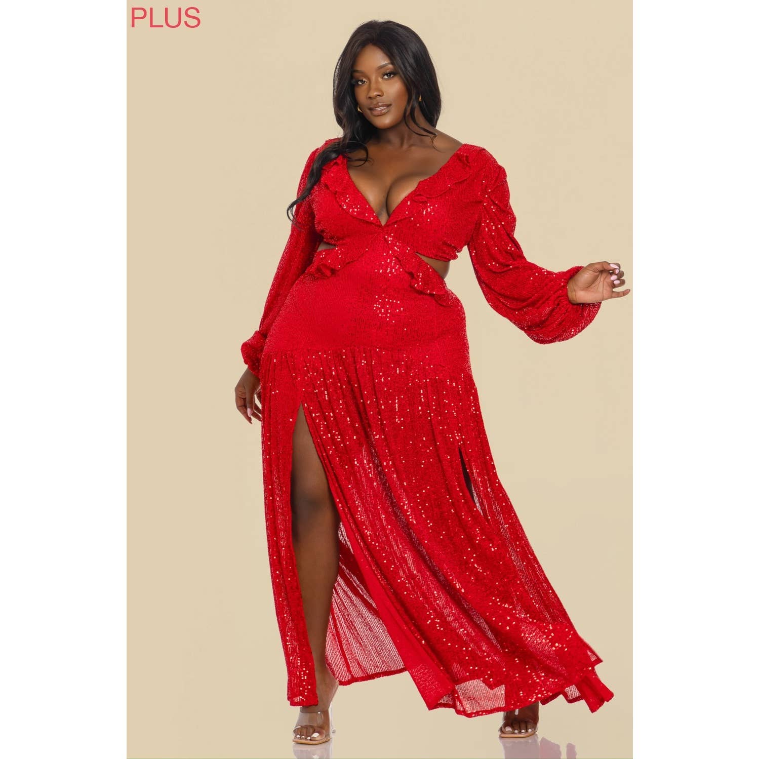 The Sang - Wholesale Dress - Women's - SD381122-P SEQUINS LONG SLEEVE MAXI DRESS PLUS SIZE6